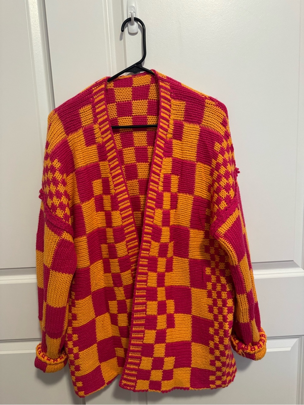 Amazon Pink and Yellow Checked Open-Front Cardigan Sweater